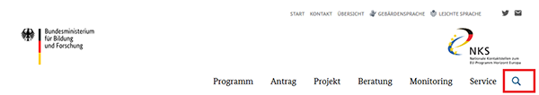 Screenshot der Hauptnavigation mit hervorgehobenem Suchsymbol