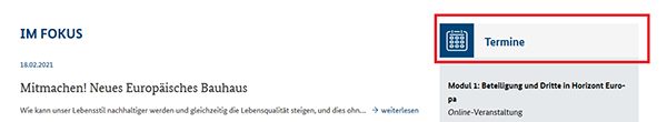 Screenshot der Terminbox auf der Startseite